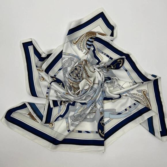 2/$30 NEW Cream Navy Blue Nautical Antique Gold Baroque Printed Silky Fashion … - Picture 7 of 9